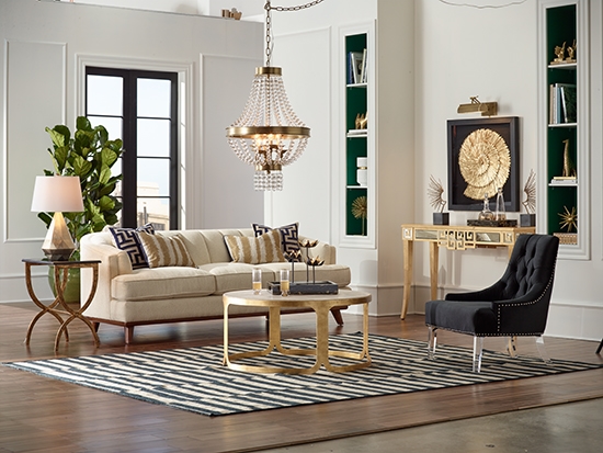 A room featuring brass and gold Lamps Plus lighting and decor.