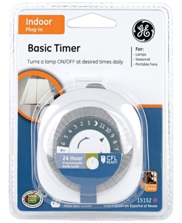 A timer used to control grow light usage. An example of a light timer from GE that can be used to time grow lights.