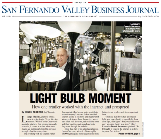 A page of the San Fernando Valley Business Journal featuring Lamps Plus. 