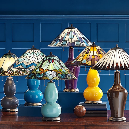 Tiffany-style lamps in a variety of colors.