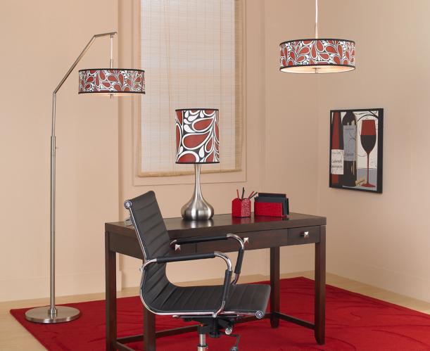 A floor lamp, table lamp, and pendant light with art shades in an office. Art shade floor lamp, table lamp, and pendant lighting.