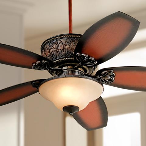 A Lamps Plus dark walnut ceiling fan. 