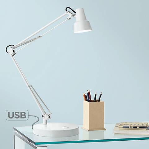 White desk lamp with adjustable head and arm, and a built-in USB port