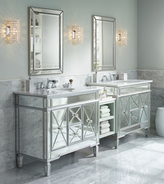 Luxe Style Bathroom With Mirrored Vanities And Crystal Sconces