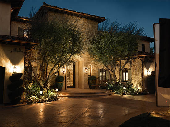 Outdoor lighting in front of a home.