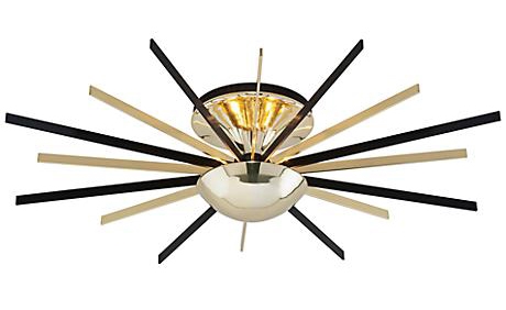A Lamps Plus polished chrome close to ceiling light with radiating rods. 