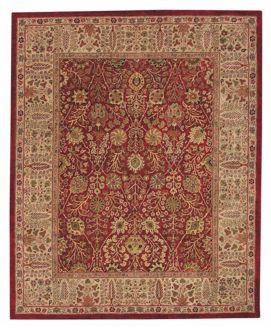 An elaborate red Oriental style rug with decorative elements.