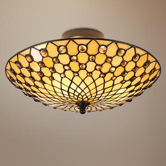 A ceiling light featuring a Tiffany glass shade.
