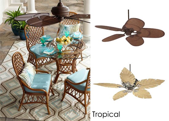 A rattan outdoor ceiling fan with a tropical dining set. 