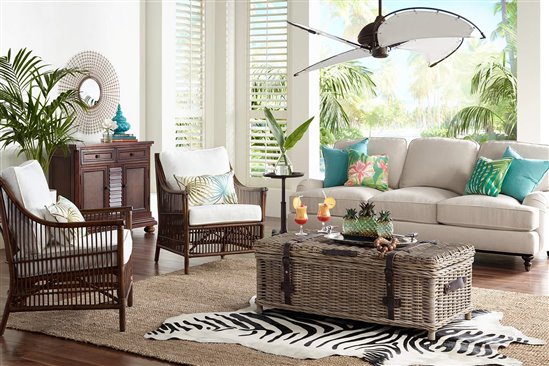 A canvas ceiling fan in a tropical style room.