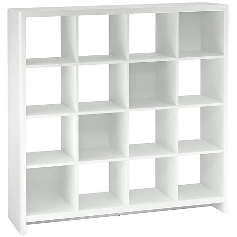 A Lamps Plus white 16-cube bookcase.