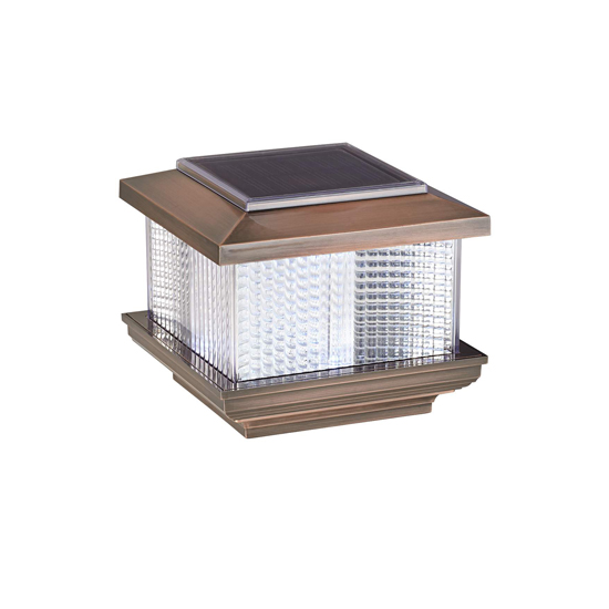 Copper plated solar post cap deck light.