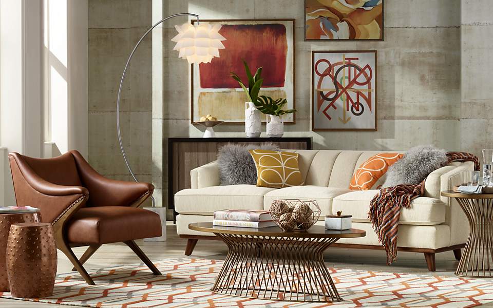A Lamps Plus living room with warm colors and welcoming textures. A living room featuring warm fall colors and textures.