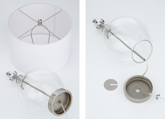A disassembled fillable table lamp. 