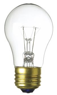 A clear glass incandescent light bulb with a standard base and A19 shape