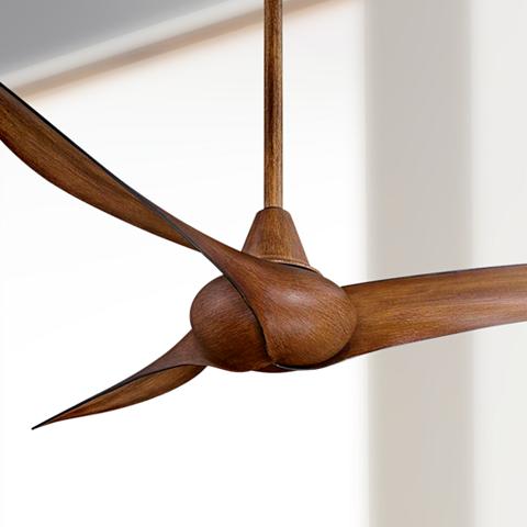 Three-blade brown koa wood ceiling fan featuring a twisted design. Brown koa wood ceiling fan in a clean, simple design.