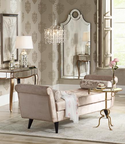 Elegant luxe room with large, arching mirror at the center.