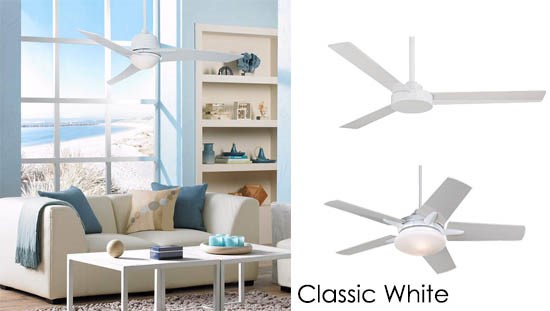 A classic white ceiling fan in a living room setting. 