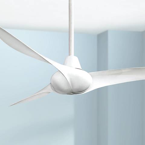 Sleek, modern three-blade ceiling fan in a clean white finish, installed on a white ceiling.