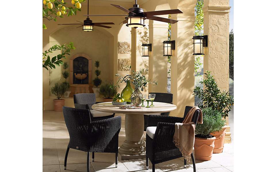 A patio scene with outdoor wall lights and ceiling fans with lights. 