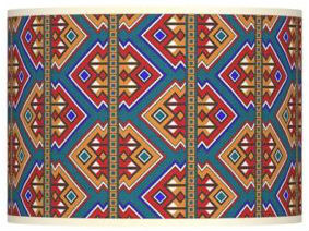 Bohemian inspired lamp shade print in blue, orange, and red.