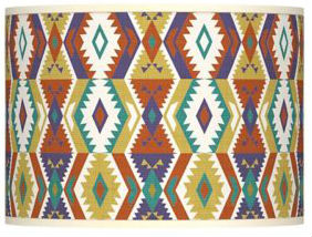 A geometric design on a lamp shape featuring white, mustard yellow, green and blue. 