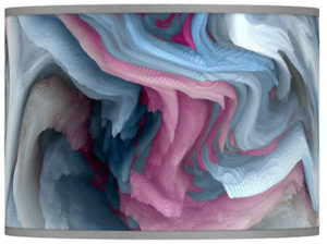 A lamp shade with a swirl of blue, pink, and grey. 