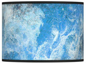 A blue and white lamp shade.