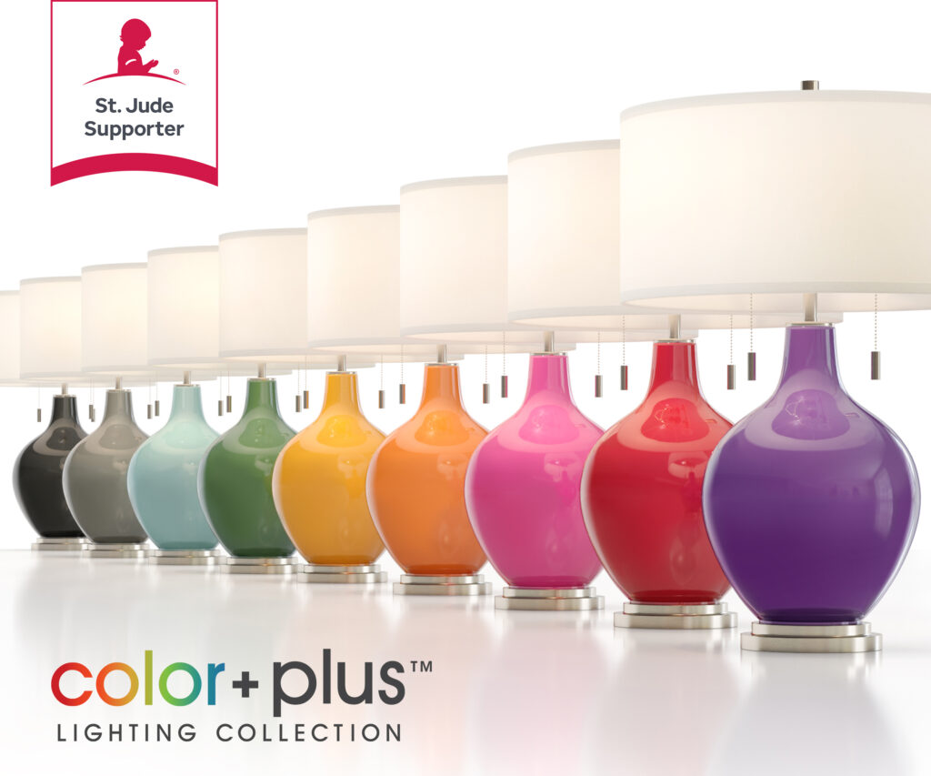 A line up of Lamps Plus Color Plus lighting products with a St. Jude Supporter logo