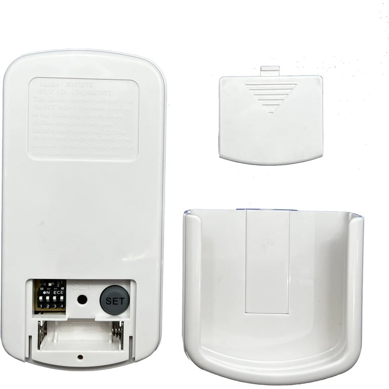A picture of a ceiling fan remote control with the "set" button visible