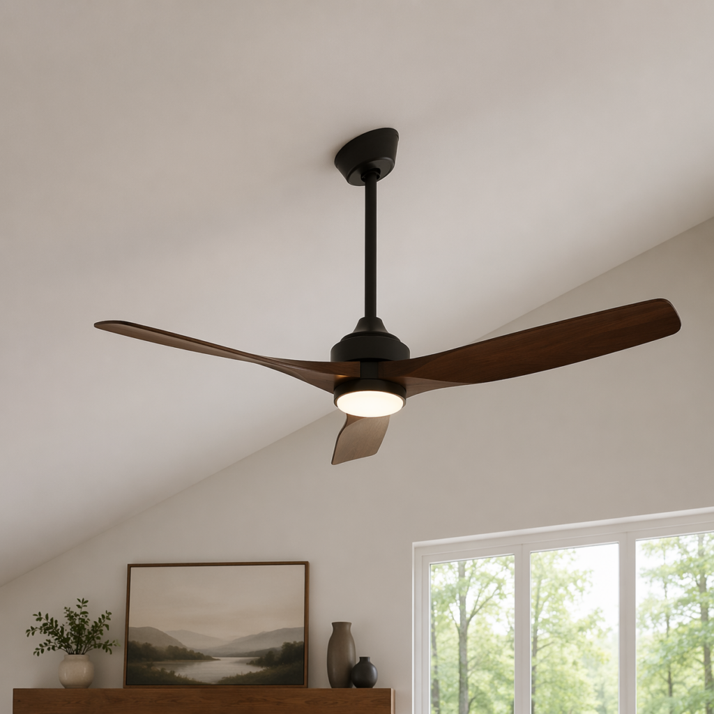 An image of a ceiling fan installed on a ceiling with a slope adapter 