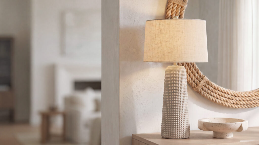 A coastal style table lamp with a sand finish