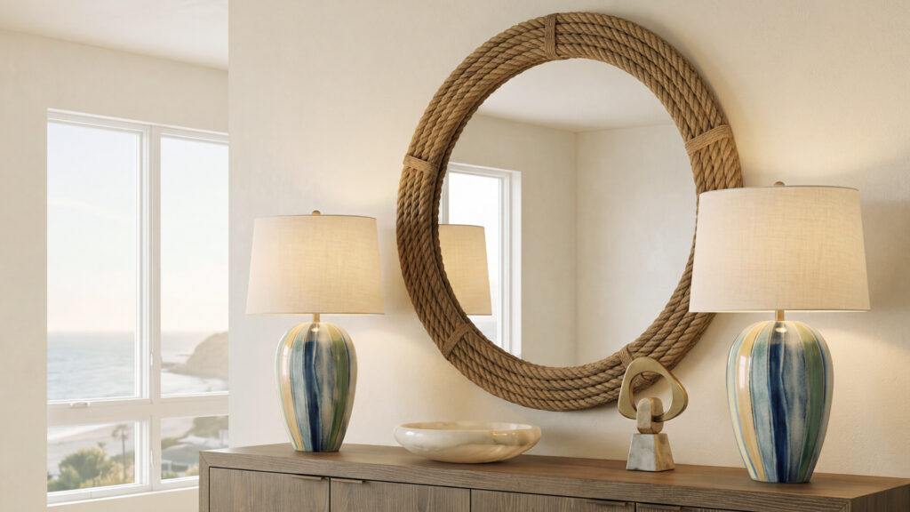 A pair of coastal style table lamps in front of a mirror