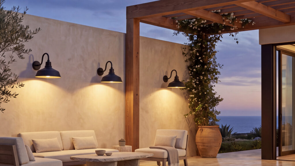 A trio of outdoor wall lights illuminating a pool scene