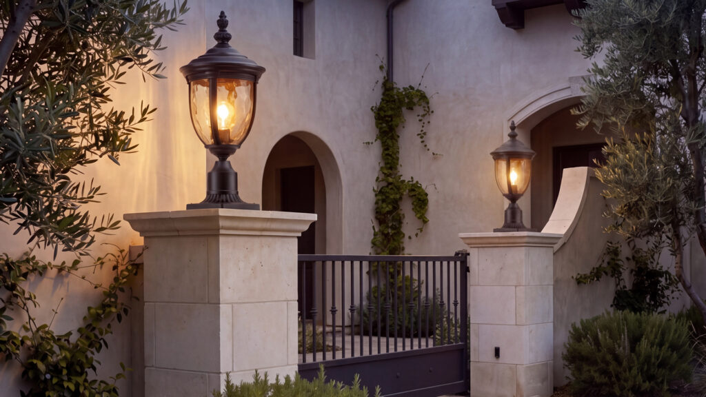 Outdoor post lights welcoming you to a coastal style home