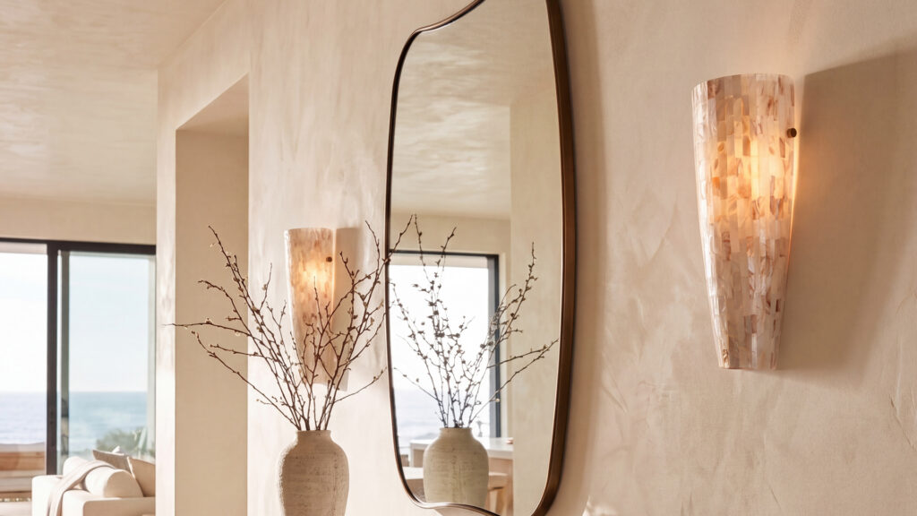 Coastal style sconces with shell-like designs framing a mirror