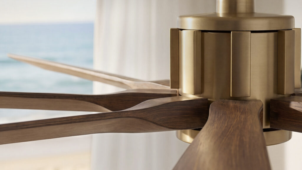 A close up of a coastal style ceiling fan