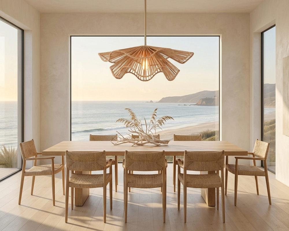 A dining room scene depicting a coastal style dining table, chairs, and rattan pendant light