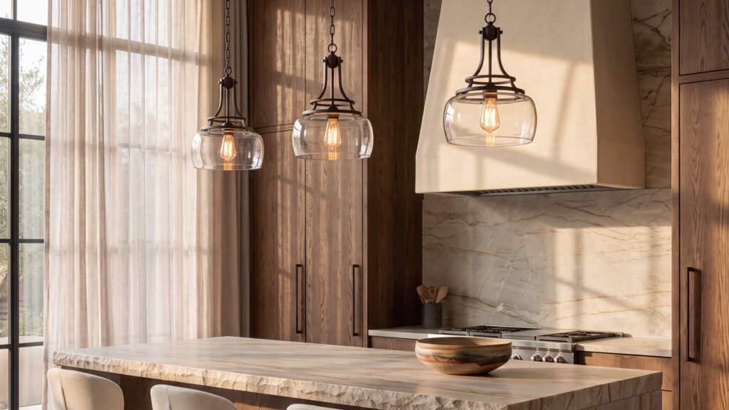 A trio of pendant lights illuminating a kitchen island set up