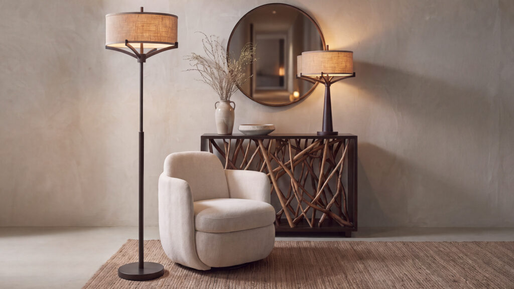 A matching pair of rustic modern floor and table lamps