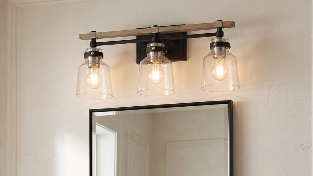 A three light bathroom vanity light with rustic modern appeal