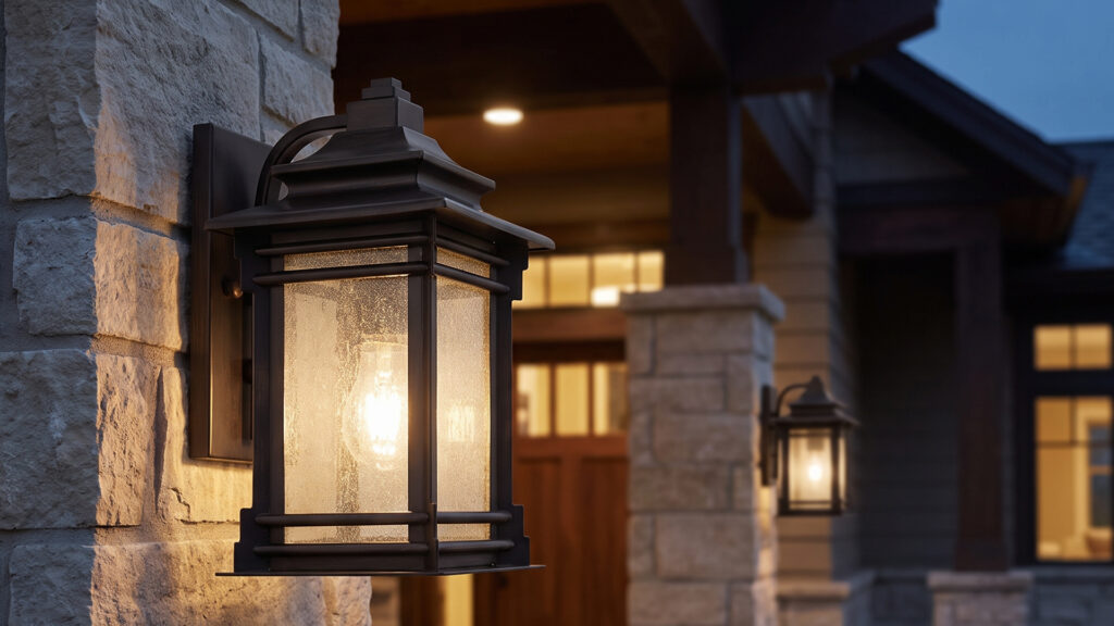 A close up on a rustic modern style outdoor wall light
