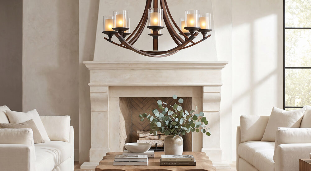 A rustic modern chandelier completing a living room scene