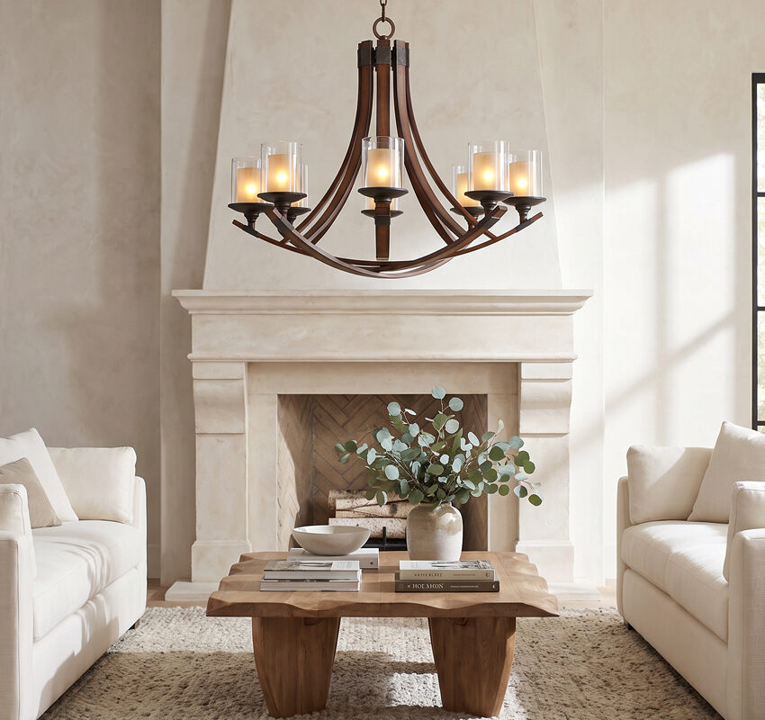 A rustic modern chandelier completing a living room scene