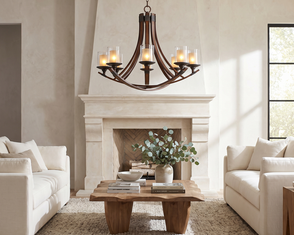 A rustic modern chandelier completing a living room scene